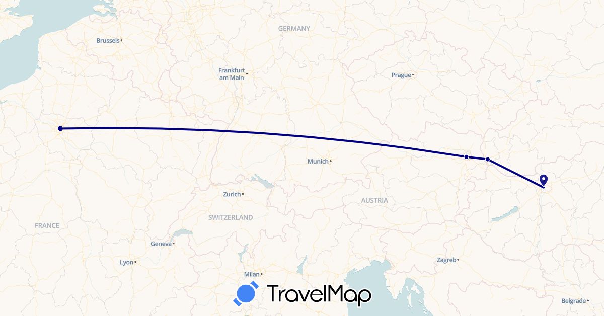 TravelMap itinerary: driving in Austria, France, Hungary, Slovakia (Europe)